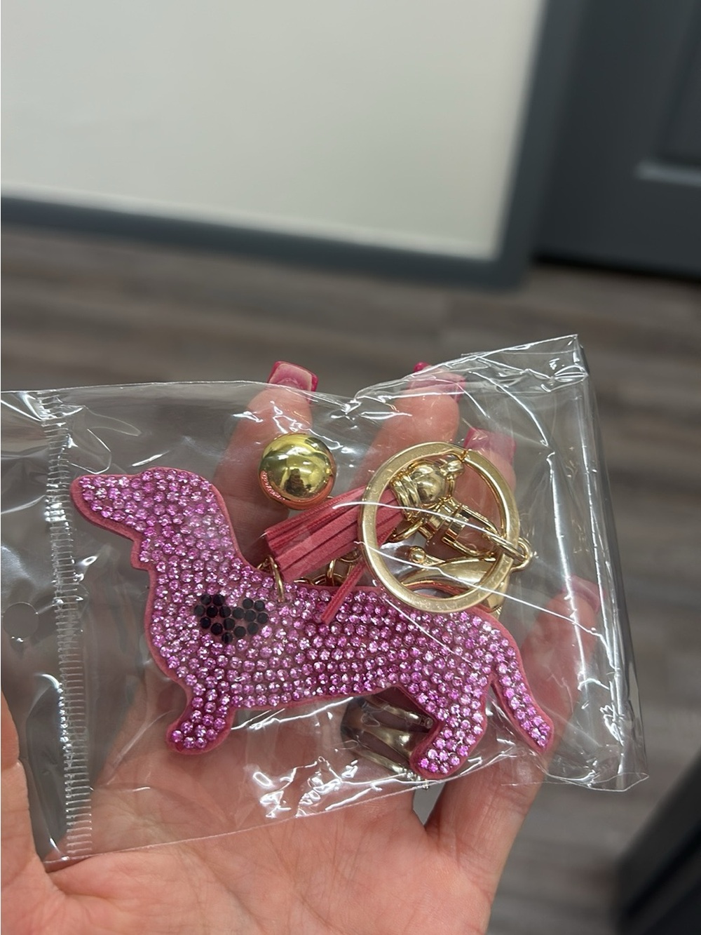 Pink Rhinestone Dachshund Keychain Charm with Gold Hardware
